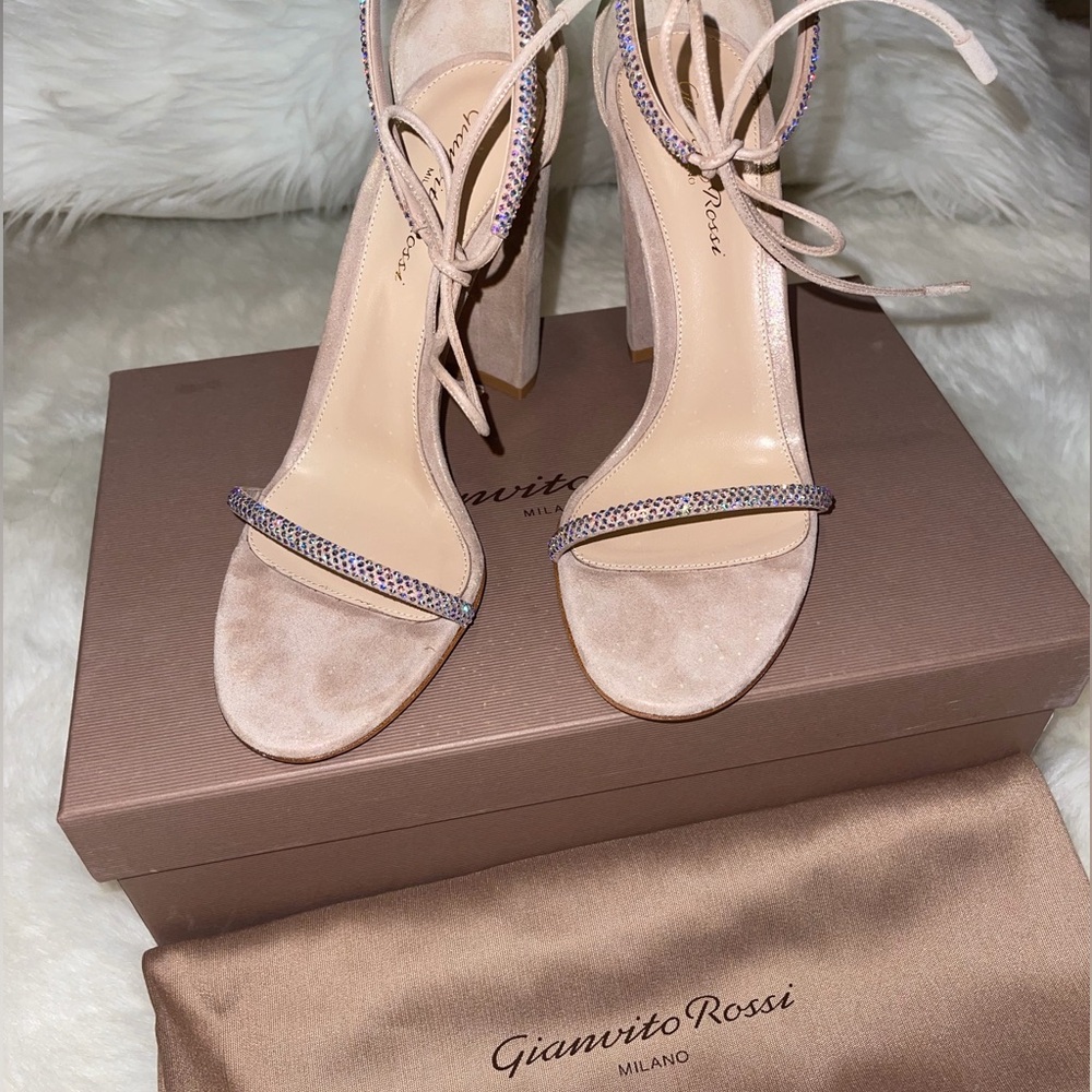 Gianvito Rossi Blush Rosa Suede Ankle-Tie Heels